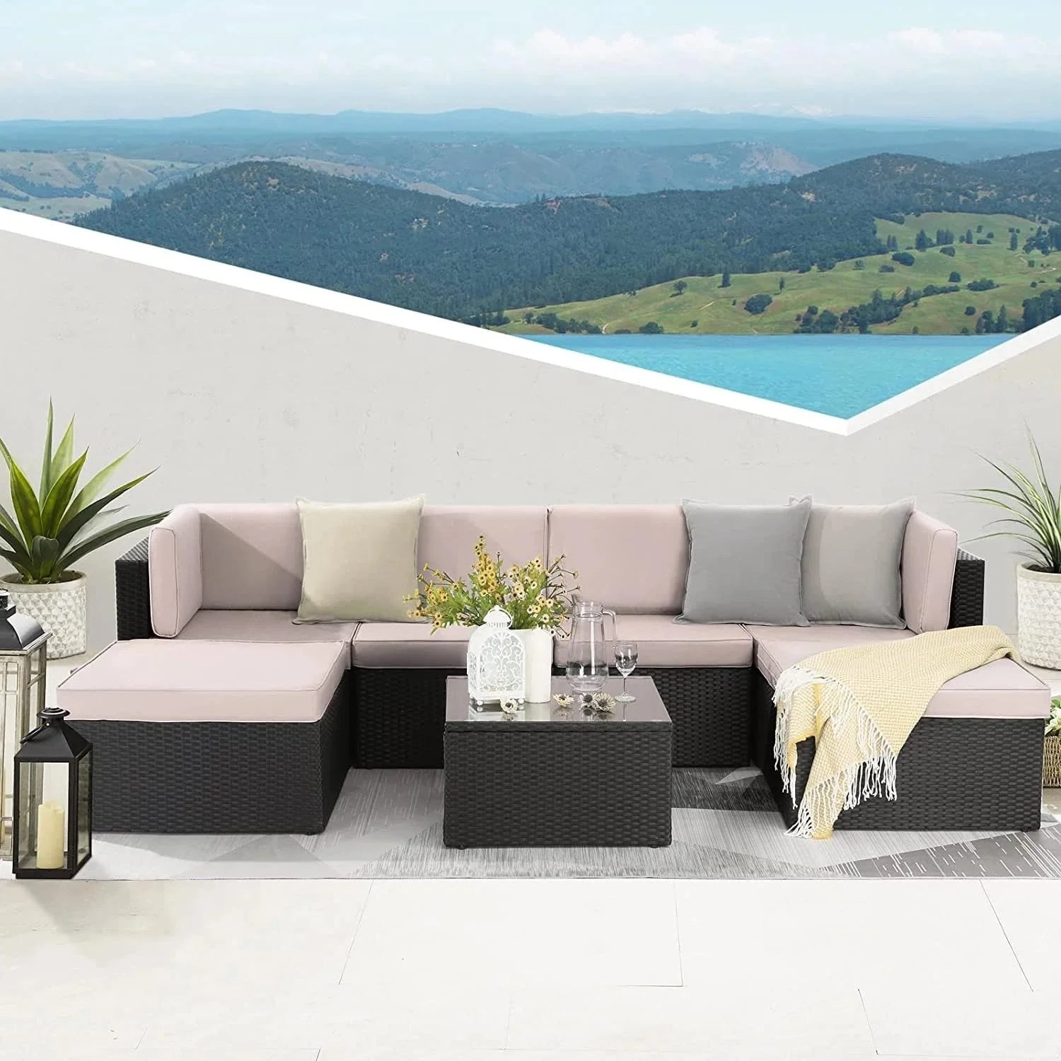 7-Piece Rattan & Wicker Sectional Set (Black/Cream)