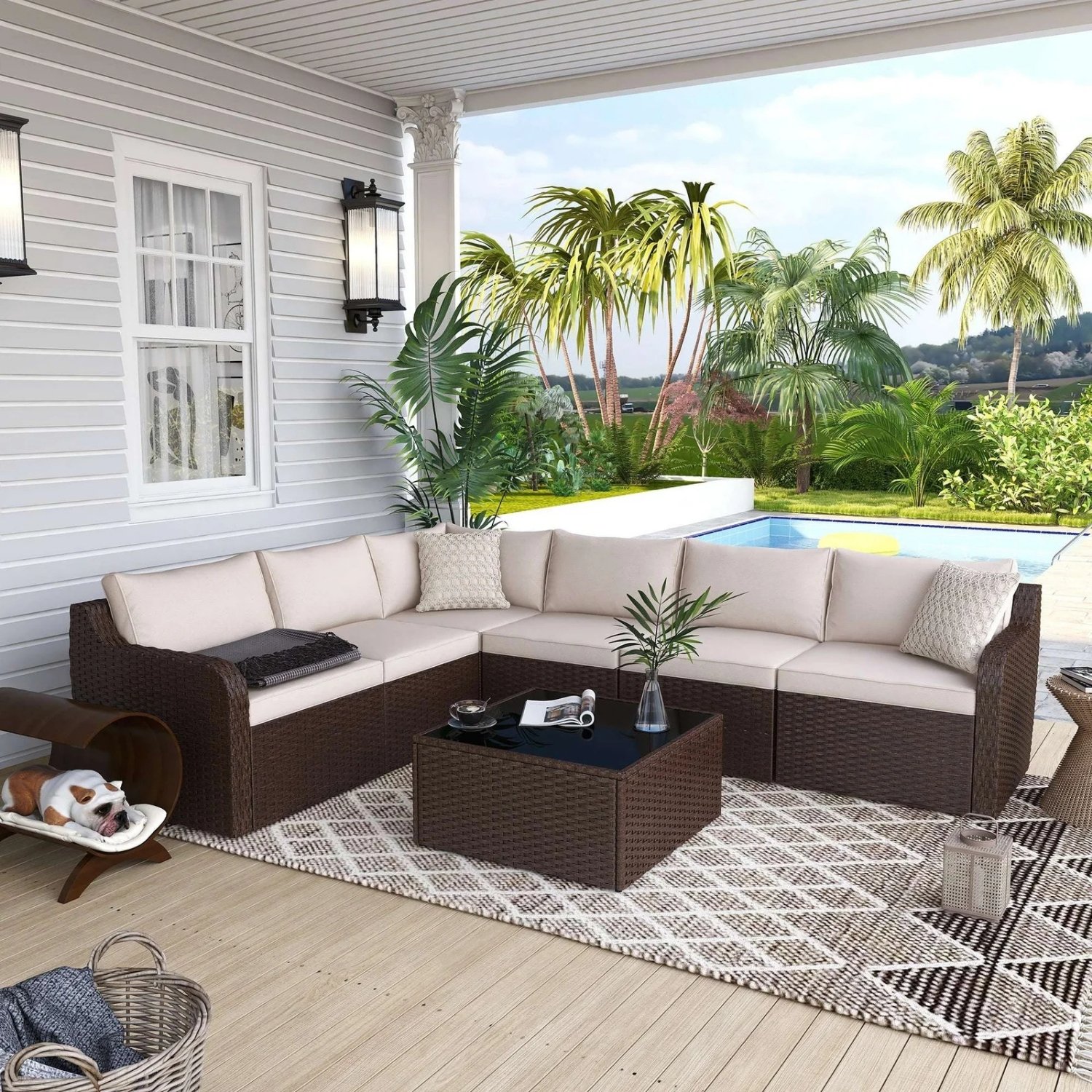 DEVOKO 3 PCS Patio Rattan Furniture Set Sectional Cushioned Sofa(Dark Brown & Cream)