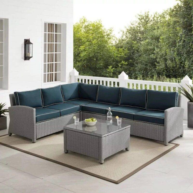 DEVOKO 3PCS Outdoor L-Shaped Rattan Sofa Set with Cushions and Table (Silver & Navy Blue)