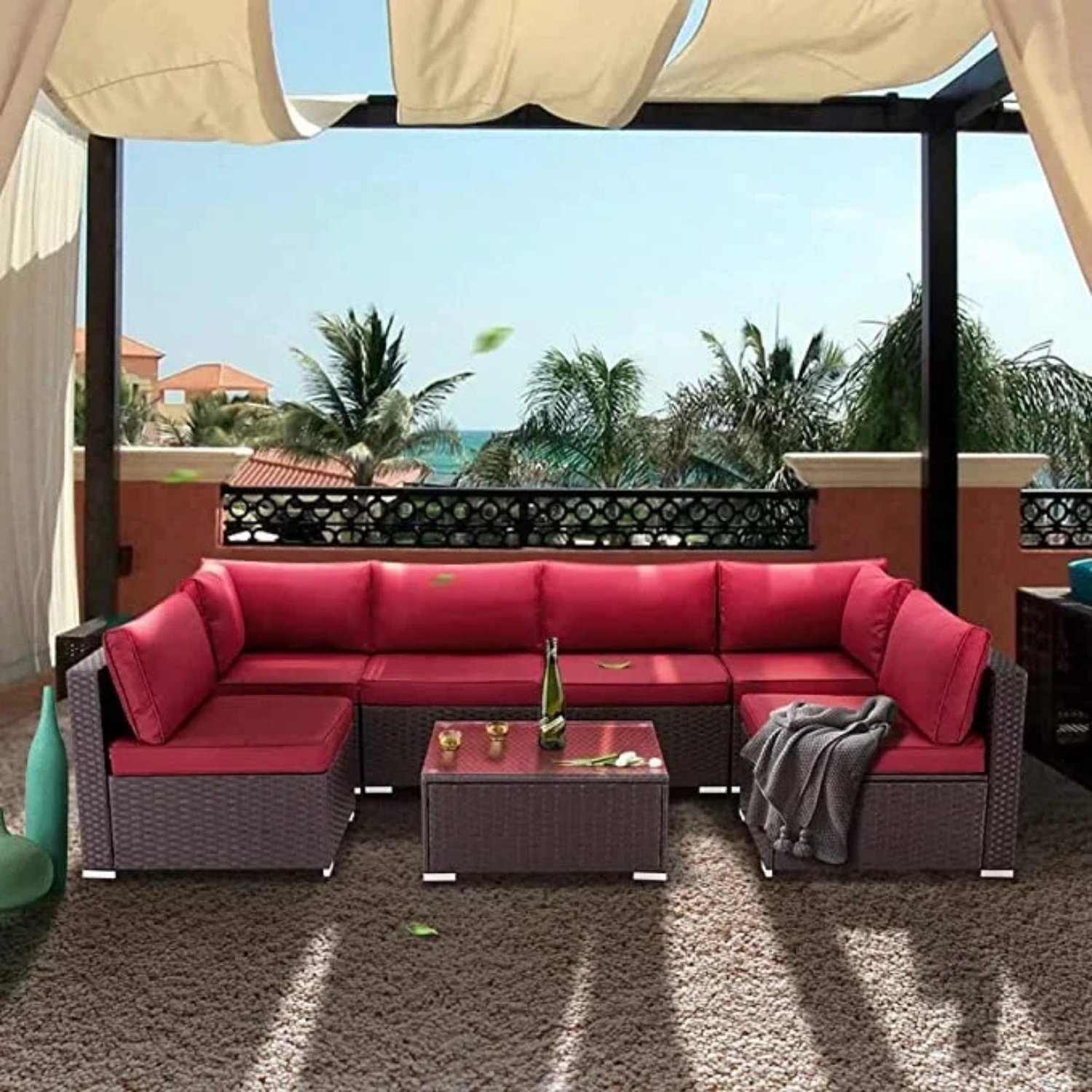 Devoko 5PCS Rattan Outdoor Conversation Sofa Set with Cushioned Seats & Center Table: Dark Brown & Red