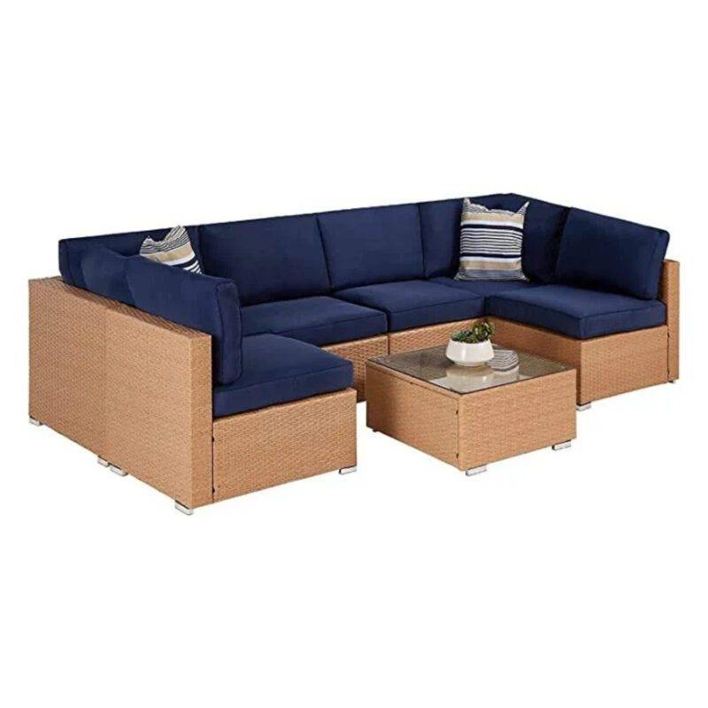 DEVOKO 5-Seater Outdoor L-Shape Sofa Set - Beige/Navy Blue