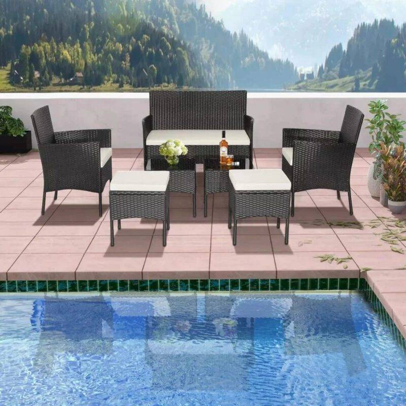 DEVOKO 7 Piece Outdoor Conversation Set (Dark Brown & White)