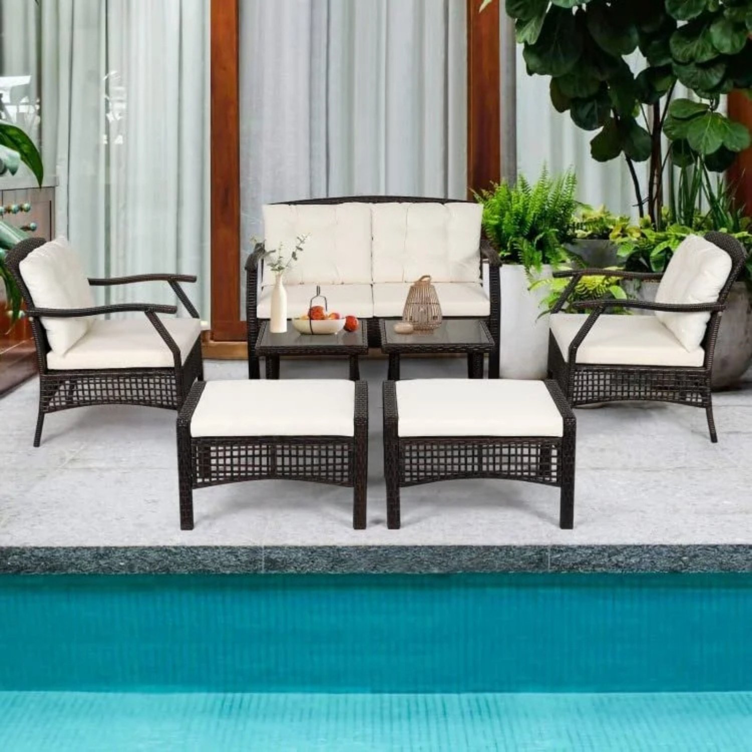 Devoko 7-Piece Rattan Wicker Outdoor Sofa Set with Coffee Tables and Ottoman Stool (Dark Brown/Cream)