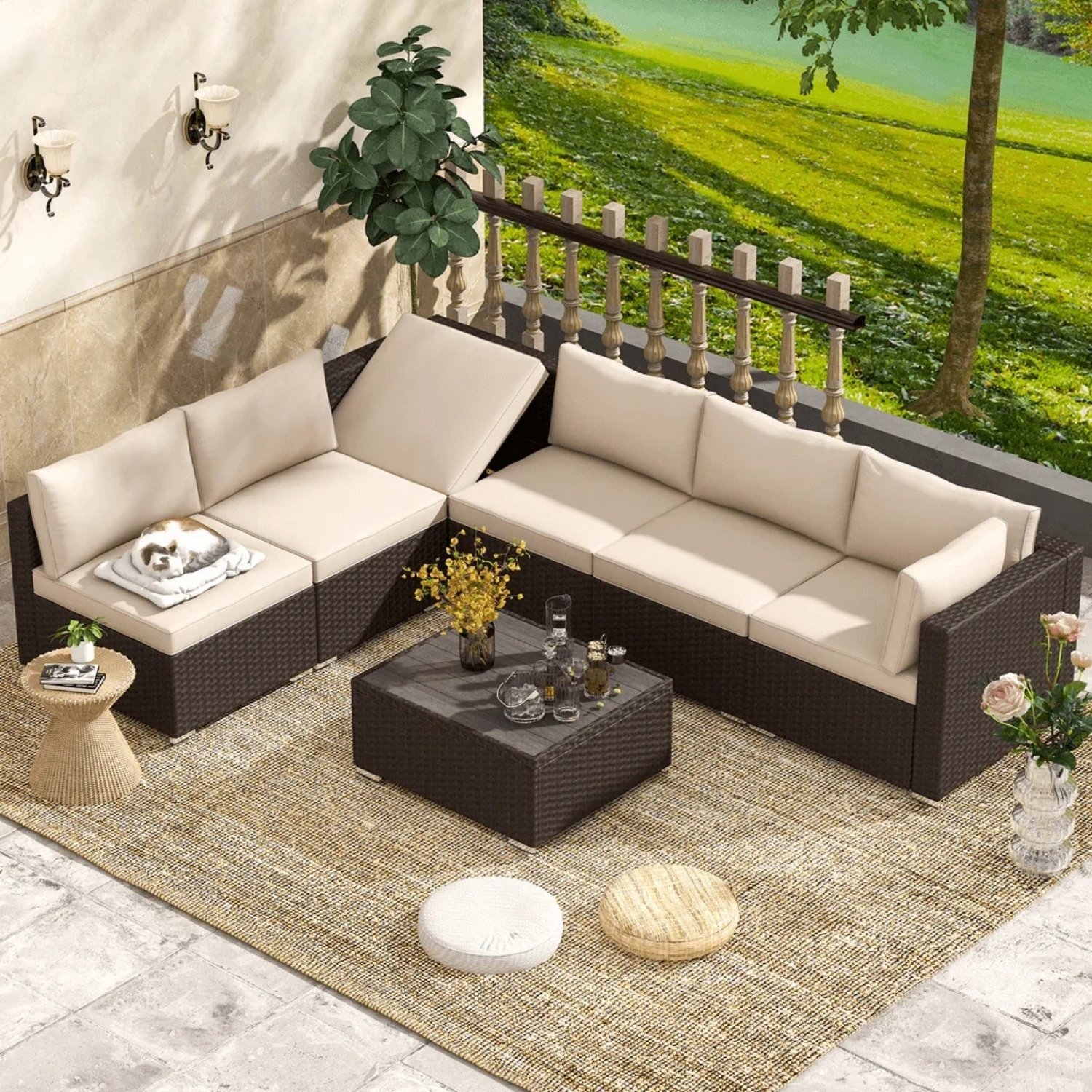 DEVOKO Outdoor Sectional Wicker Patio Furniture (Dark Brown & Cream)