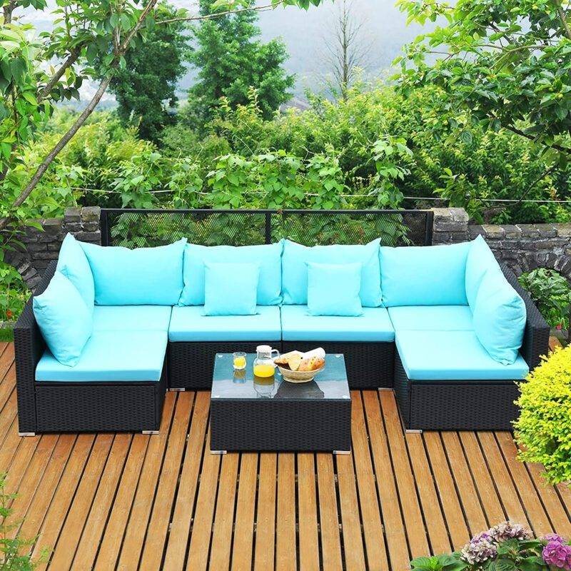DEVOKO Patio Sectional Sofa Set (Black/Turquoise)