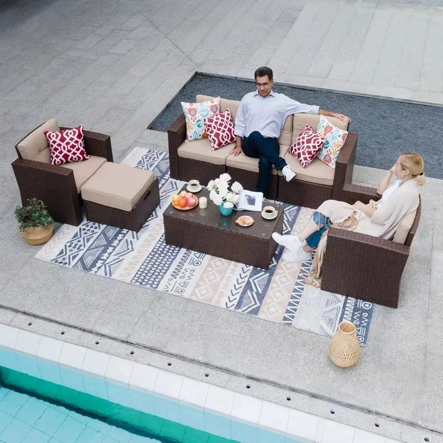 DEVOKO Waterproof Sectional Sofa Set (Dark Brown/Cream)