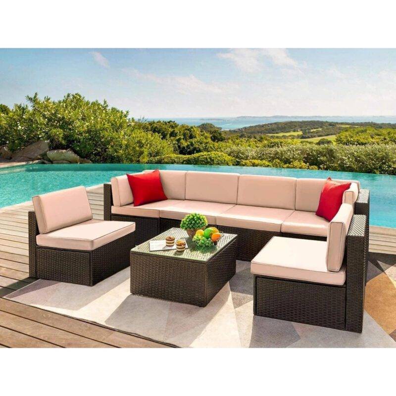 Outdoor Rattan Sofa Set - Dark Brown & Cream