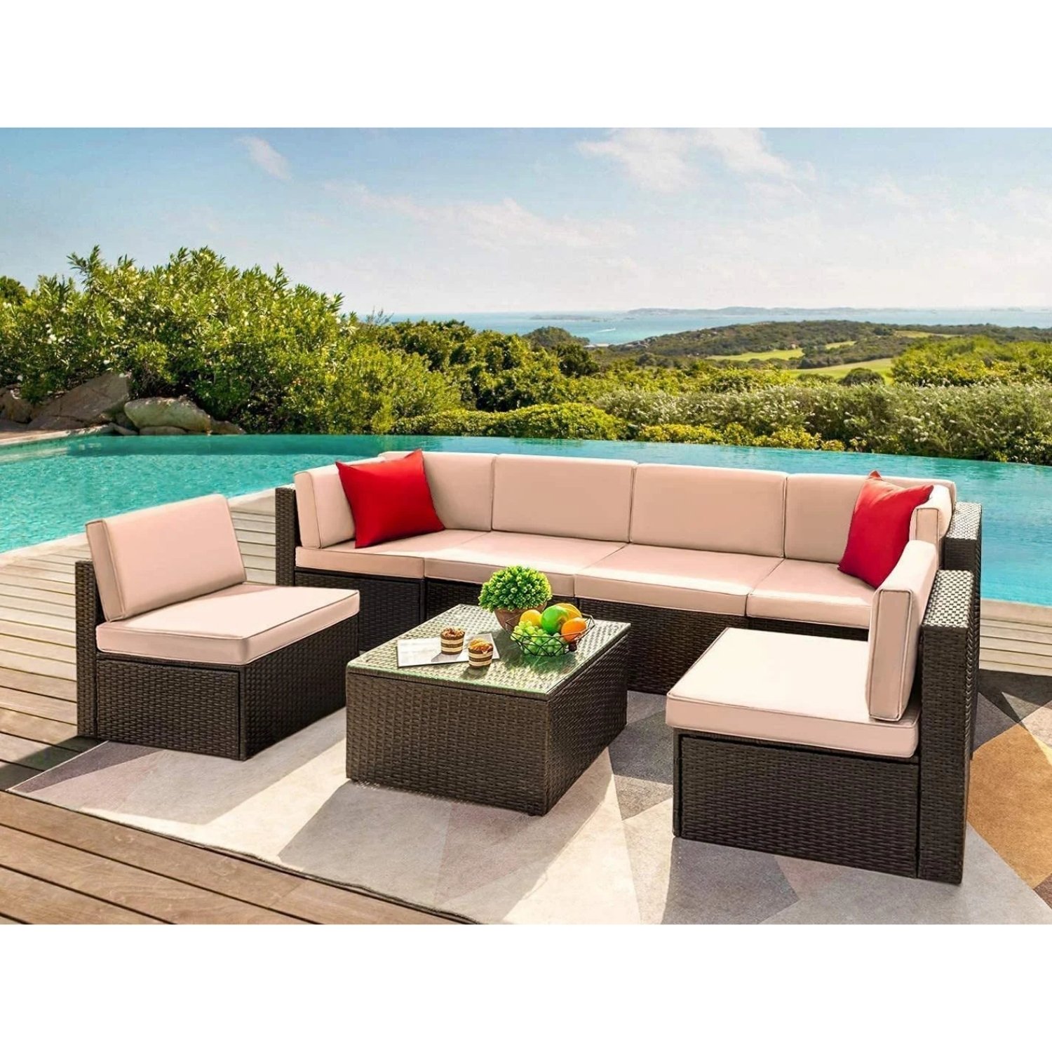 Outdoor Rattan Sofa Set - Dark Brown & Cream