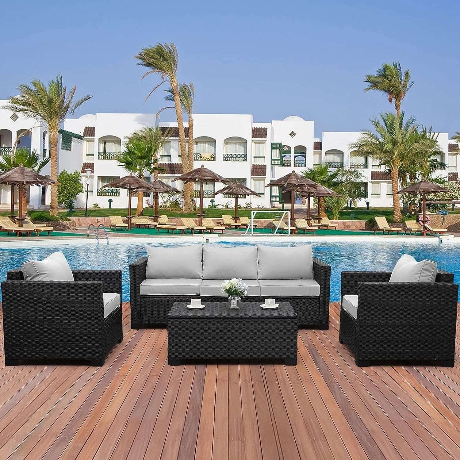 Black Wicker Outdoor Rattan Conversation 5 Seater Sofa Set
