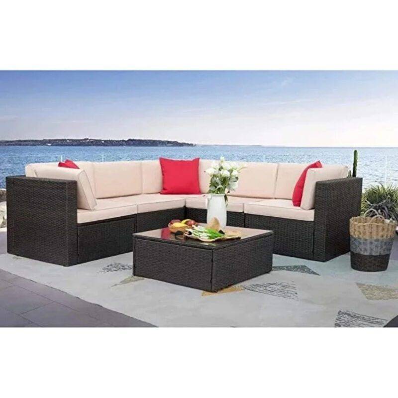 DEVOKO 3-Piece L-Shape Outdoor Patio Furniture Set: Dark Brown & Cream