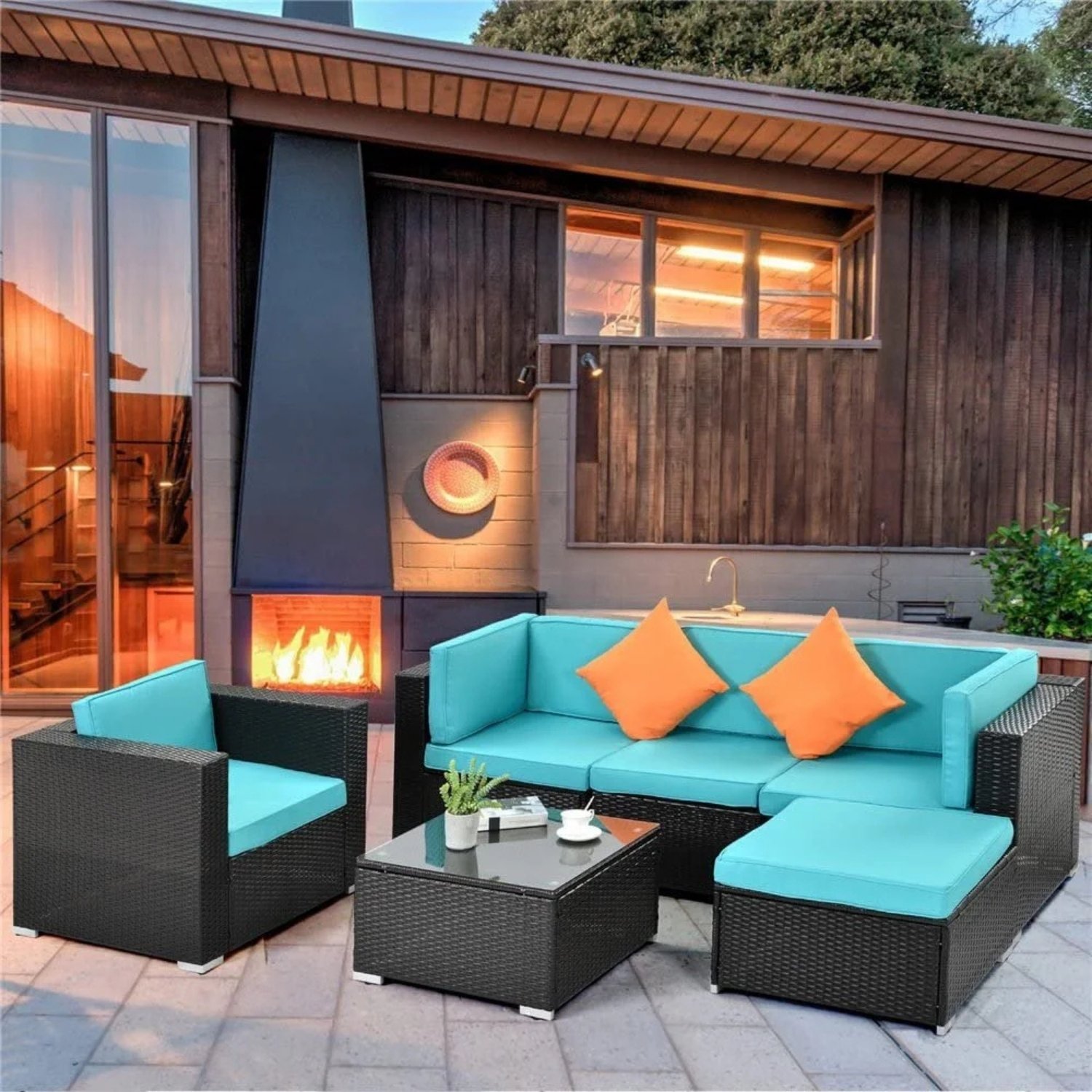 DEVOKO 4pc Waterproof Outdoor Sofa Set (Black/Sky-blue)