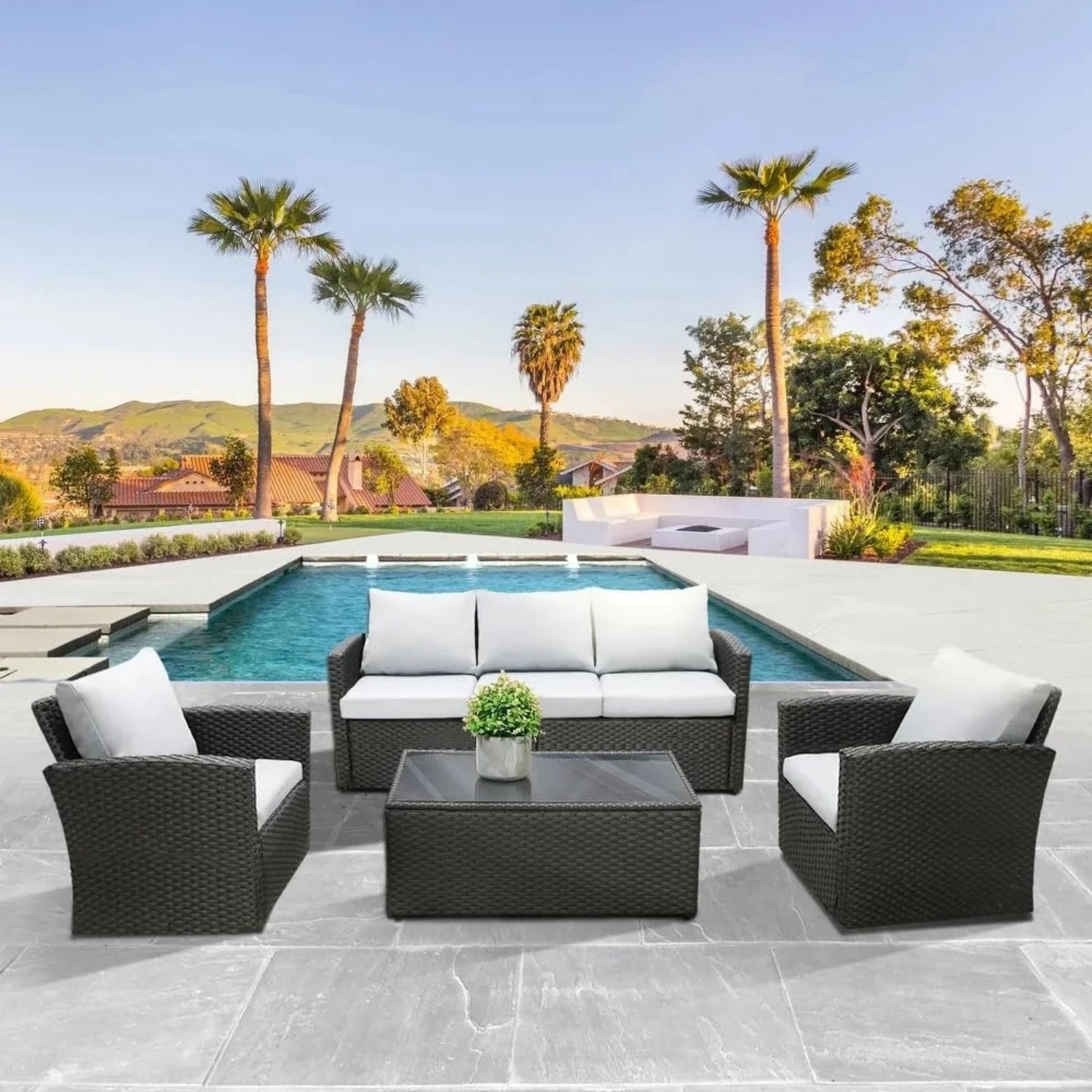 DEVOKO 4-Piece Rattan & Wicker Outdoor Patio Furniture Conversation Sofa Set (Black and Grey)