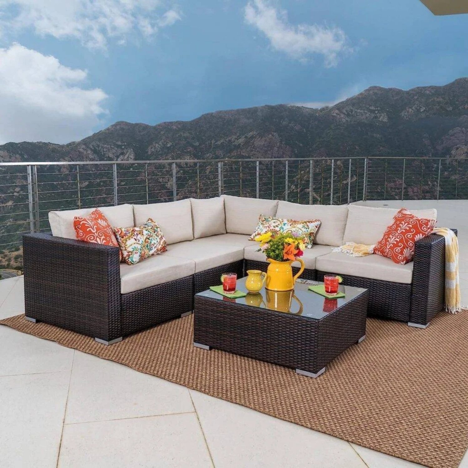 DEVOKO 3pc Outdoor L Shape Patio Set (Dark Brown/Cream)
