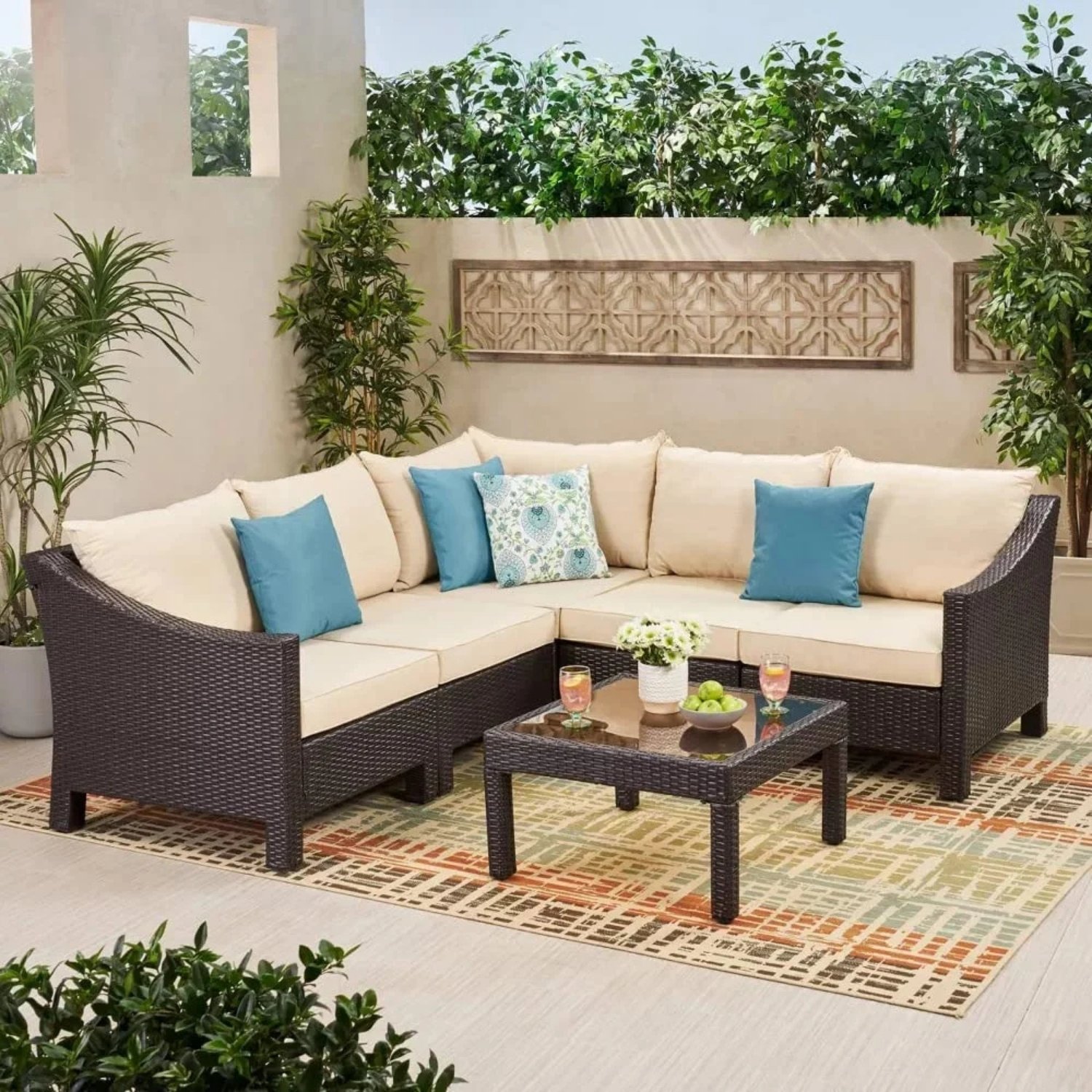 DEVOKO 3PCS L-Shape Rattan Sofa Set with Cushions and Table (Dark Brown & Cream)