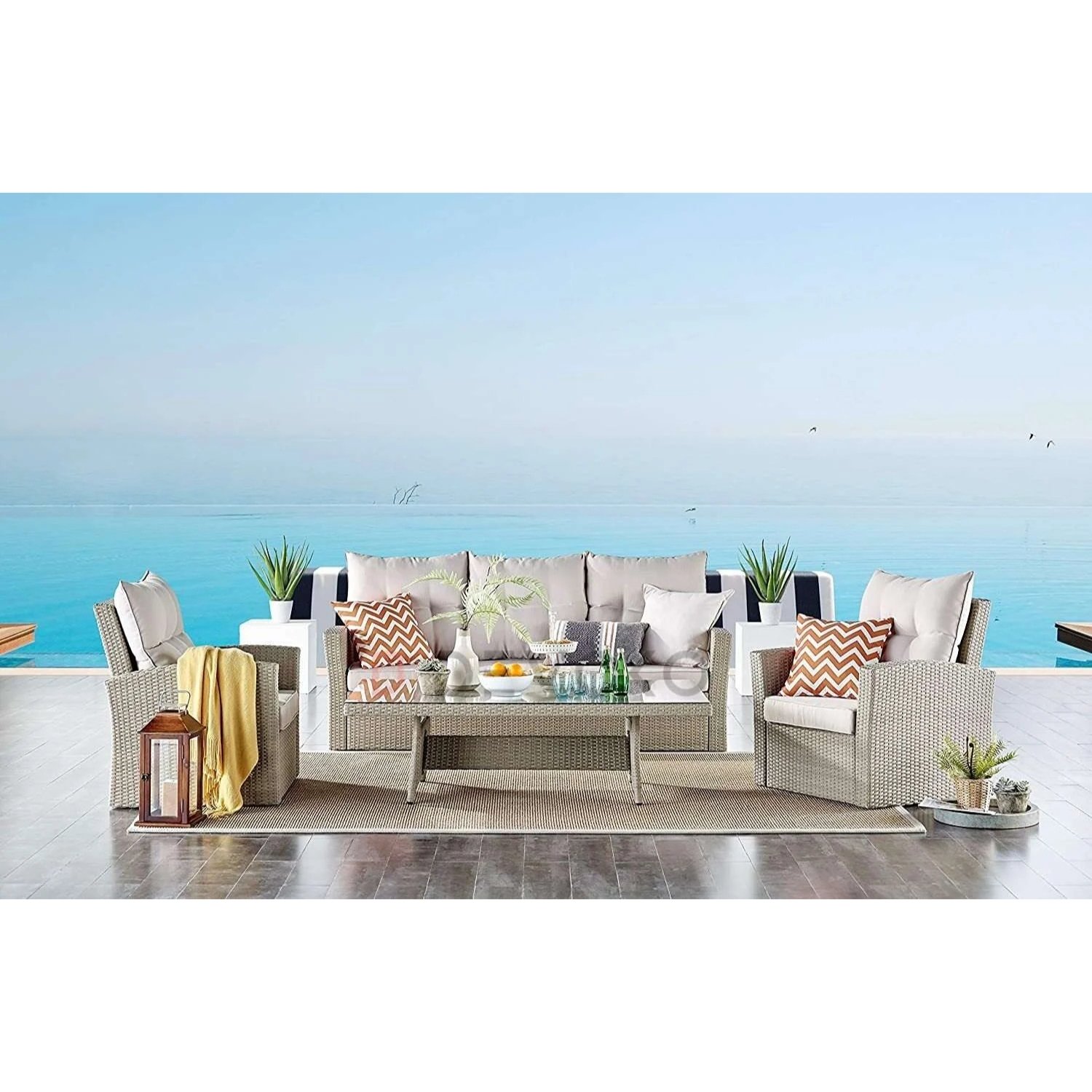 DEVOKO 4 Pieces Outdoor Conversation Patio Wicker Furniture(Beige and Cream)