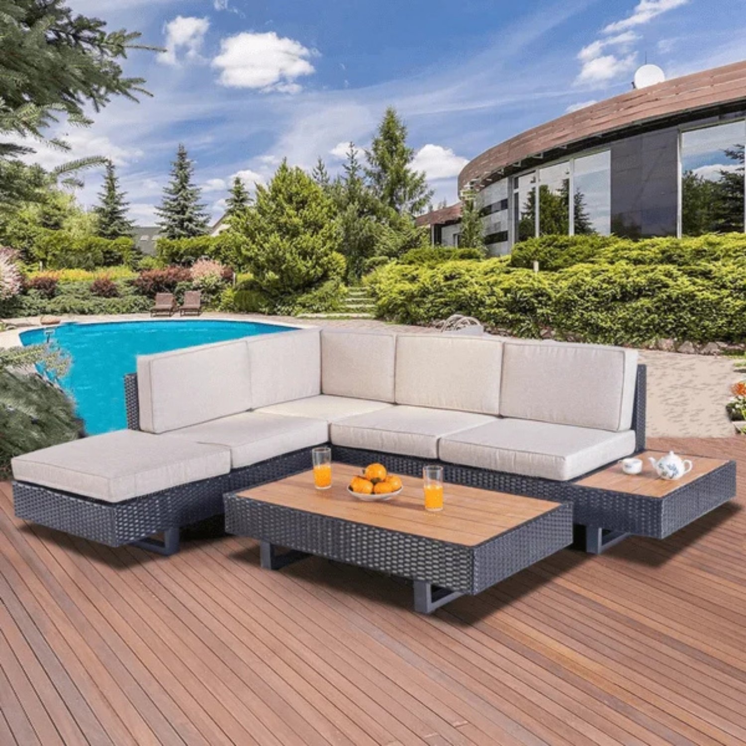 DEVOKO Outdoor Furniture 3-Piece Patio Rattan & Wicker Conversation Set (Black & Cream)