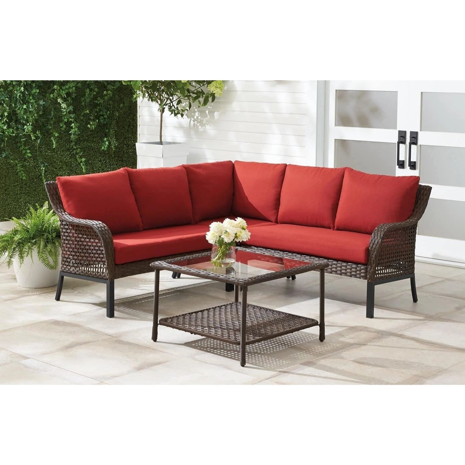 DEVOVO Patio Sets L Shape Sectional Sofa (Dark Brown/Red)