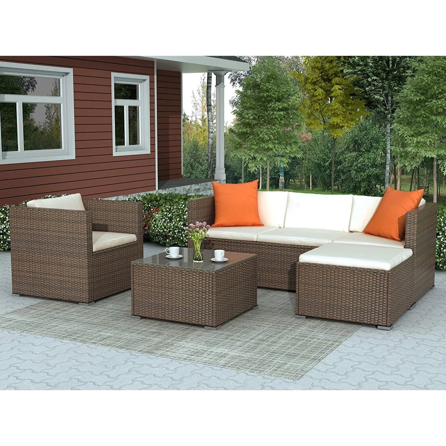 Outdoor Patio Sofa Set With Cushion and pillows: Dark brown & Cream