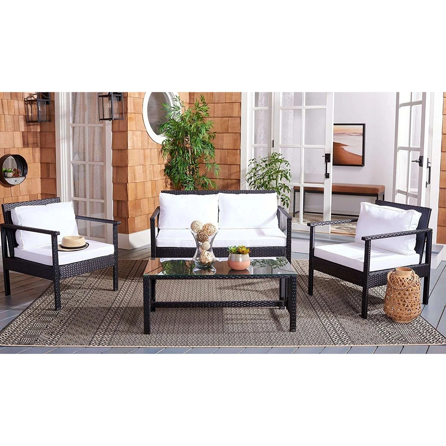 DEVOKO 4 Pcs Patio Furniture Wicker Rattan Conversation Set Outdoor Sofa with Coffee Table(Black & White)