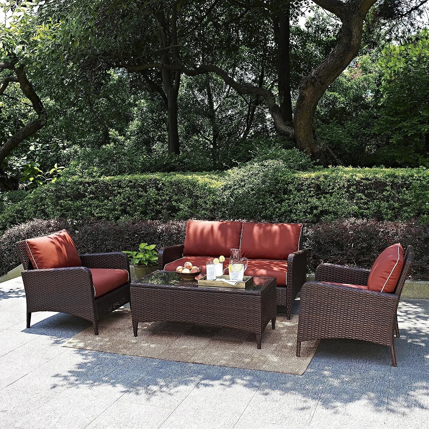 DEVOKO 4 Pieces Outdoor Conversation Rattan Sectional Sofa Set (Dark Brown and Red)