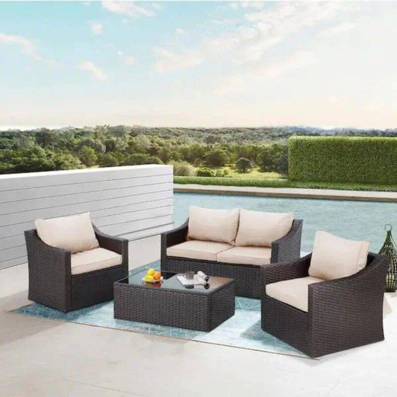 DEVOKO 4-Piece Outdoor Wicker Sectional Sofa Set with Table (Dark Brown & Cream)