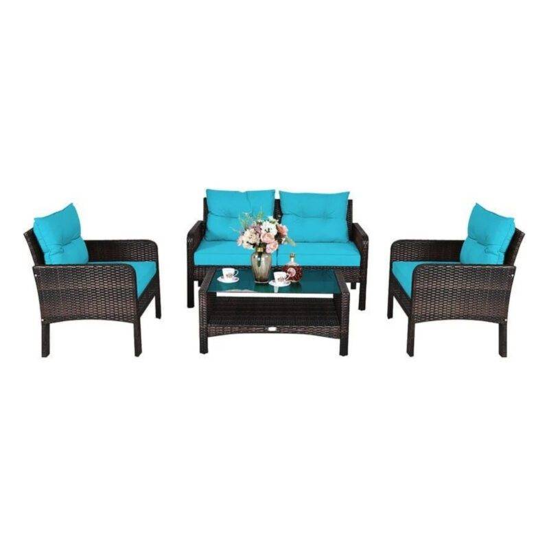 Devoko 4-Piece Rattan Bistro Sofa Set - Dark Brown & SkyBlue