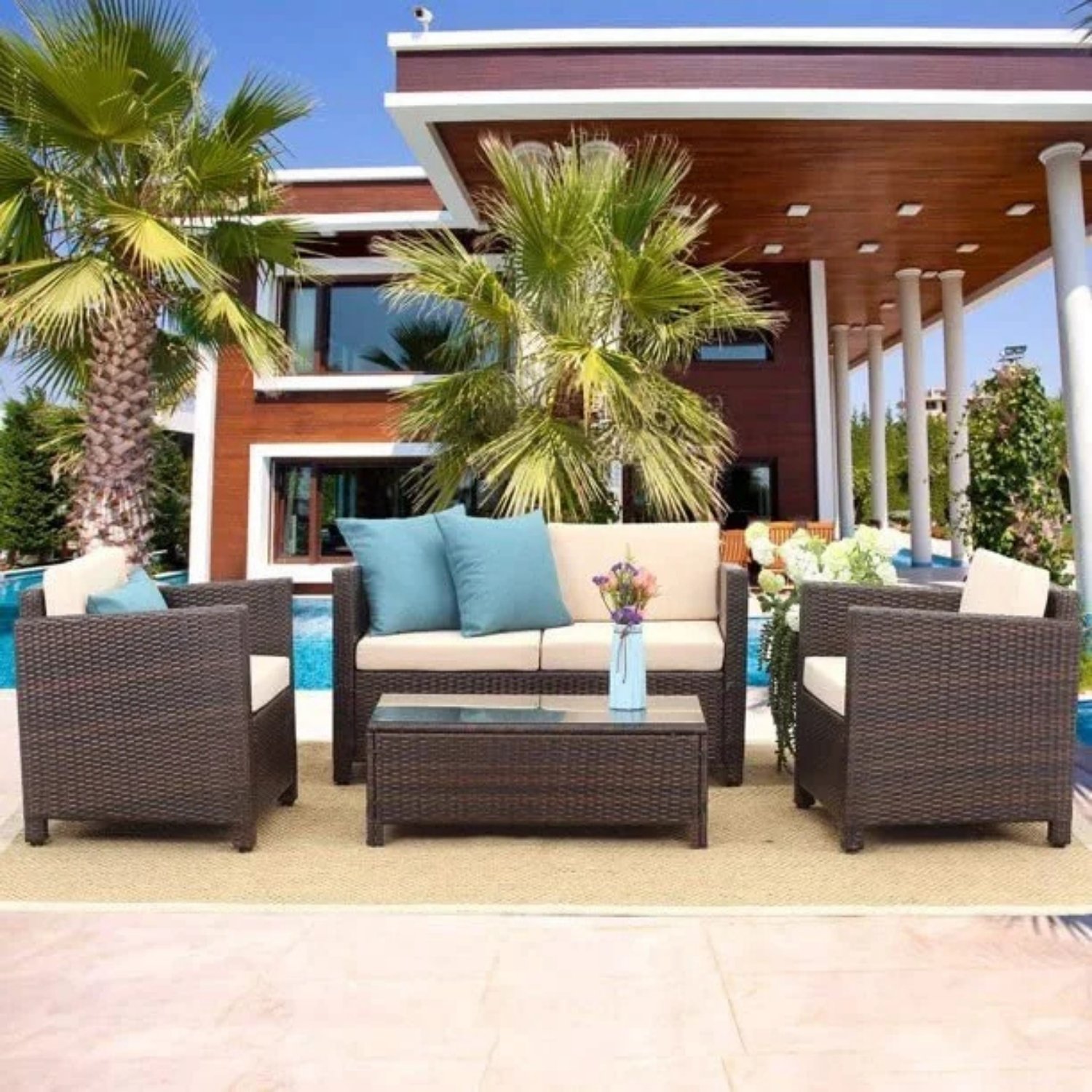 Devoko 4-Piece Outdoor Rattan Patio Sofa Set (Dark Brown & Cream)