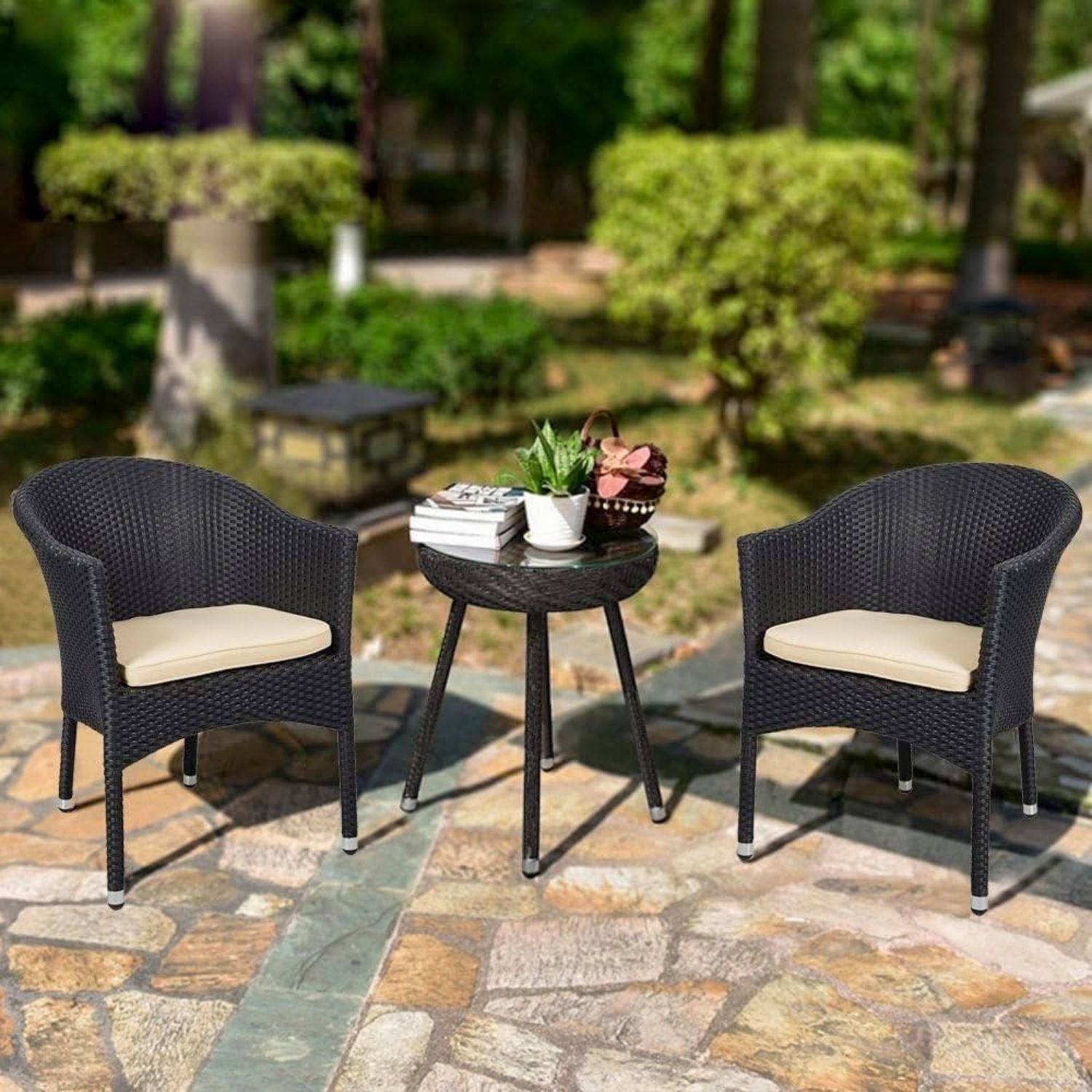 3-Piece Wicker Bistro Set (Black & Cream)