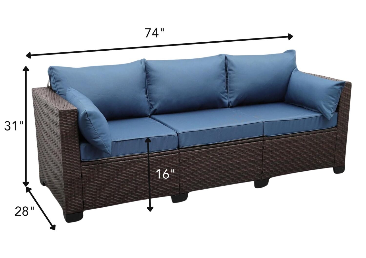 Dark Brown & Navy Blue 3-Seater Patio Wicker Sofa (High Back, Non-Slip Cushioned) - Image 2