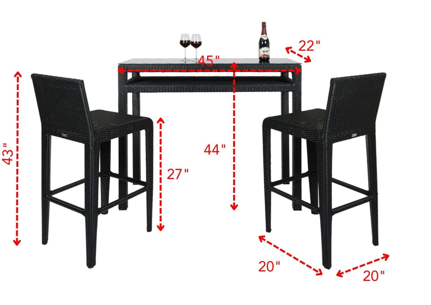 DEVOKO 3-Piece Wicker Outdoor Serving Bar Set Height Table With 2-Stools (Black) - Image 2