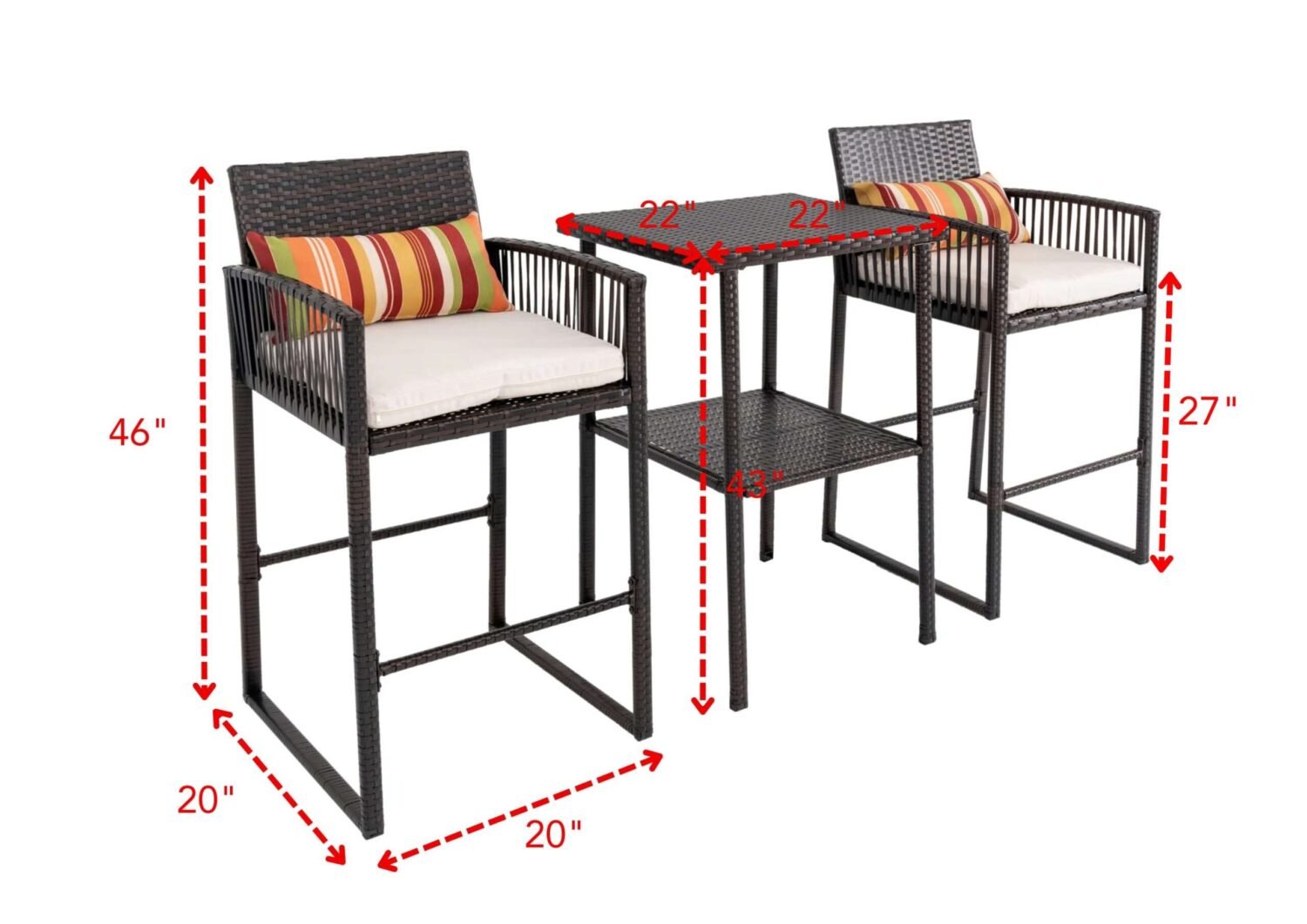 DEVOKO Patio 3 Piece Bar Set With Heighted Stools & Table For Outdoor & Indoor (Dark Brown & White) - Image 2