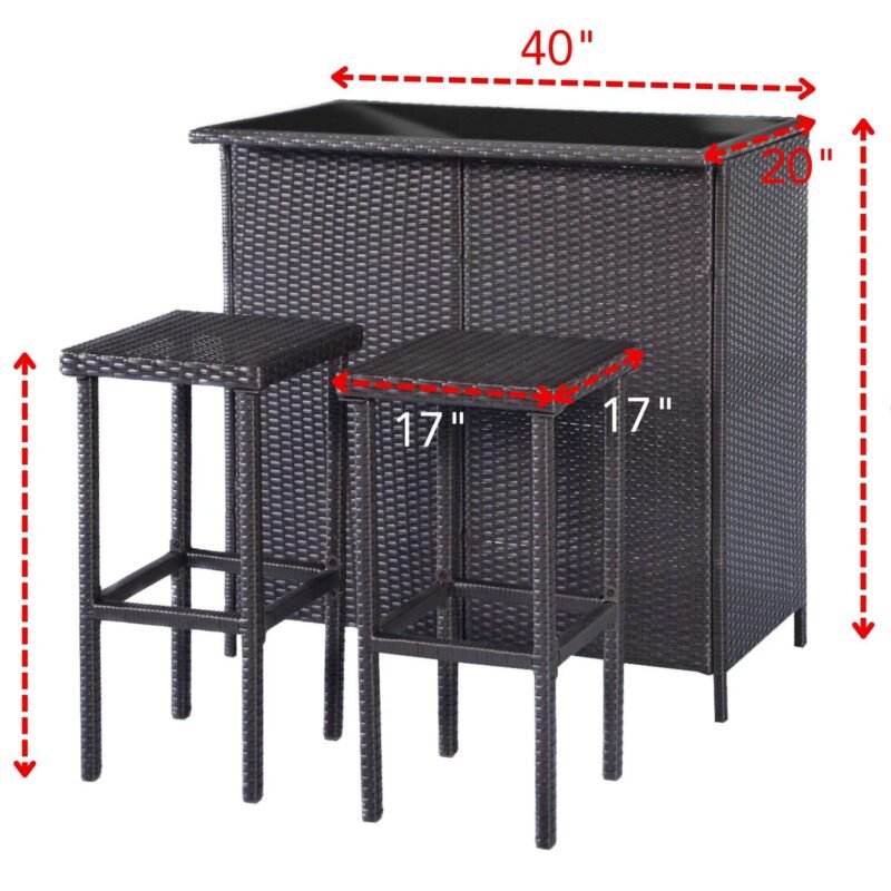 DEVOKO 3 Piece Wicker Patio Outdoor Bar Set With Table & 2 Stools (Dark Brown) - Image 2