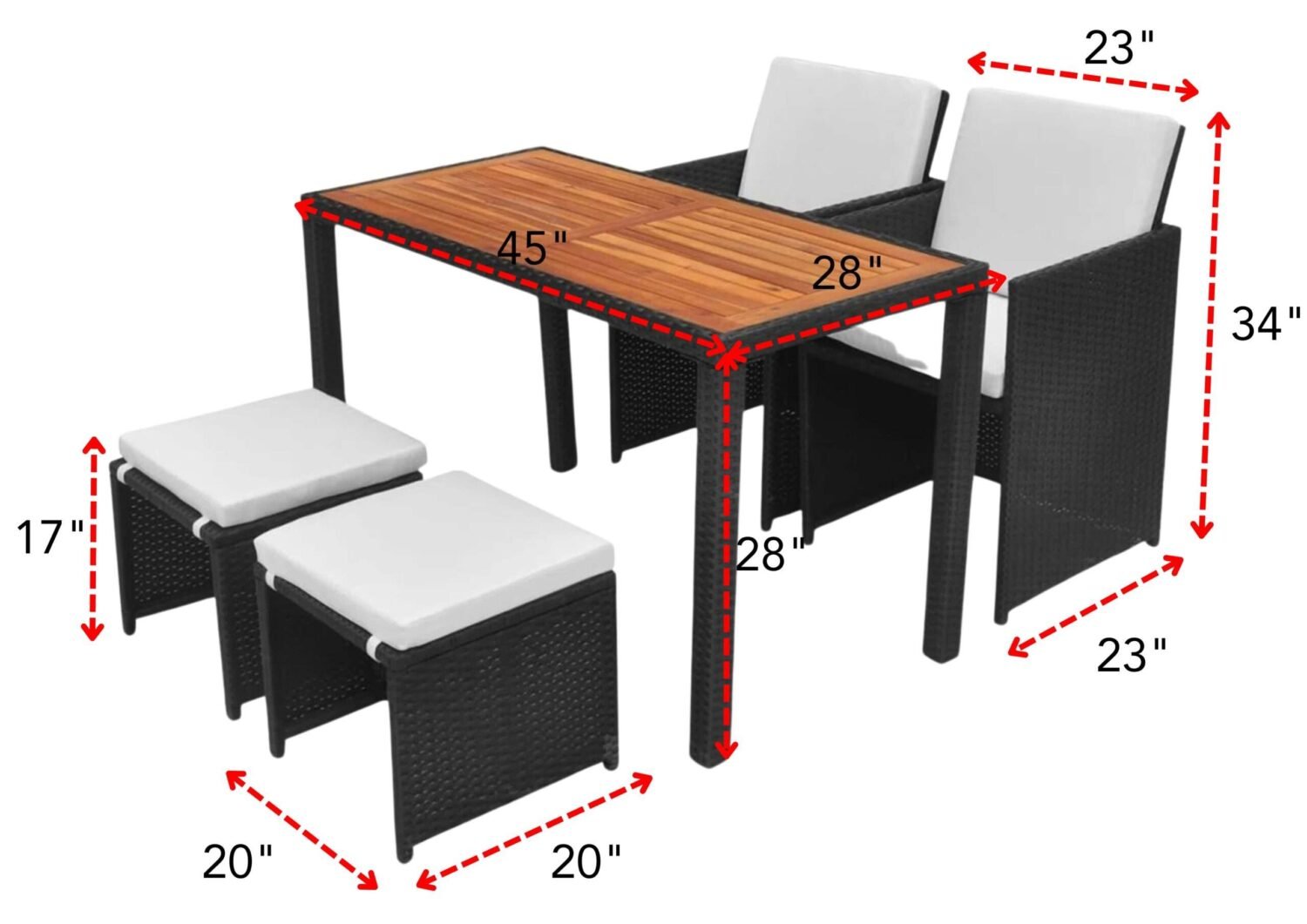 DEVOKO 5 Piece Rattan Wicker Patio Dining Set Furniture With Ottoman & Wood Top Table (Black & White) - Image 2