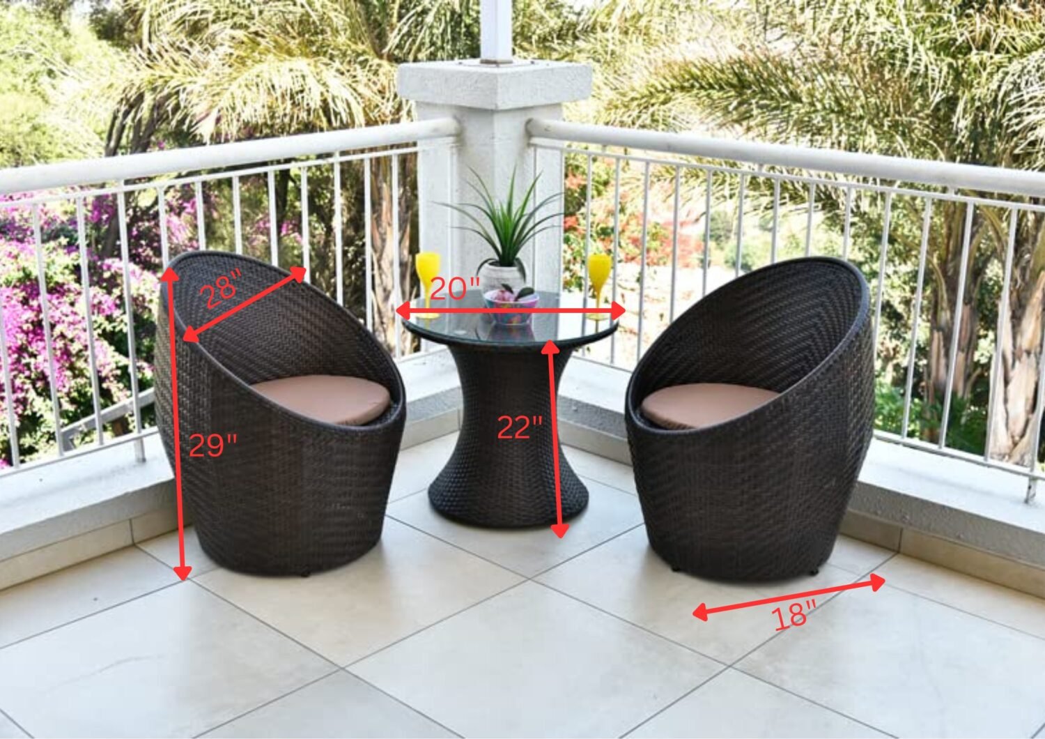 3-Piece Rattan Wicker Patio Set: 2 Chairs + Glass Table (Dark Brown & Cream) - Image 2