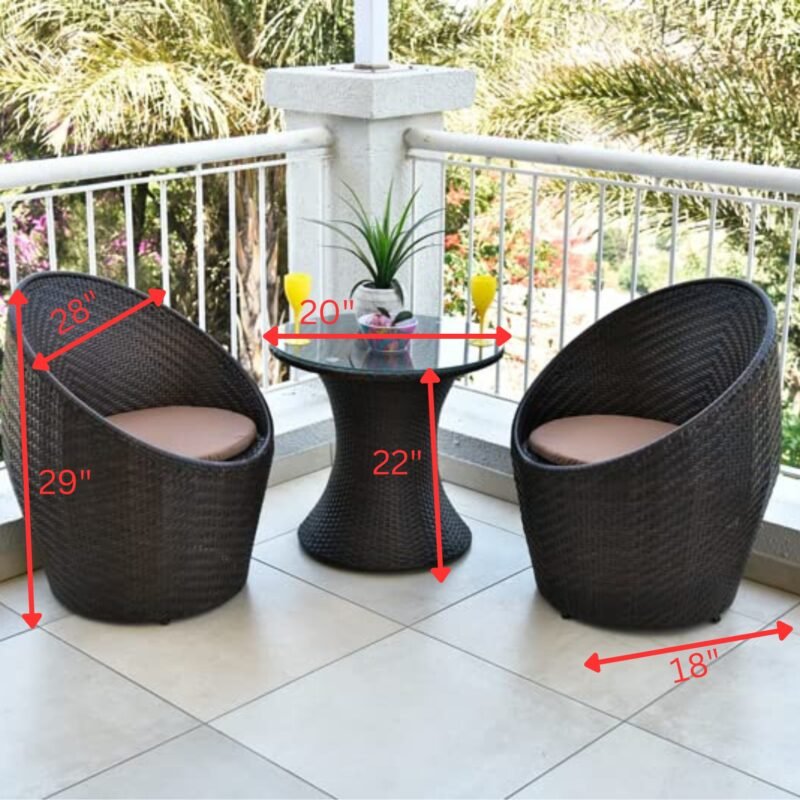 3-Piece Rattan Wicker Patio Set: 2 Chairs + Glass Table (Dark Brown & Cream) - Image 2