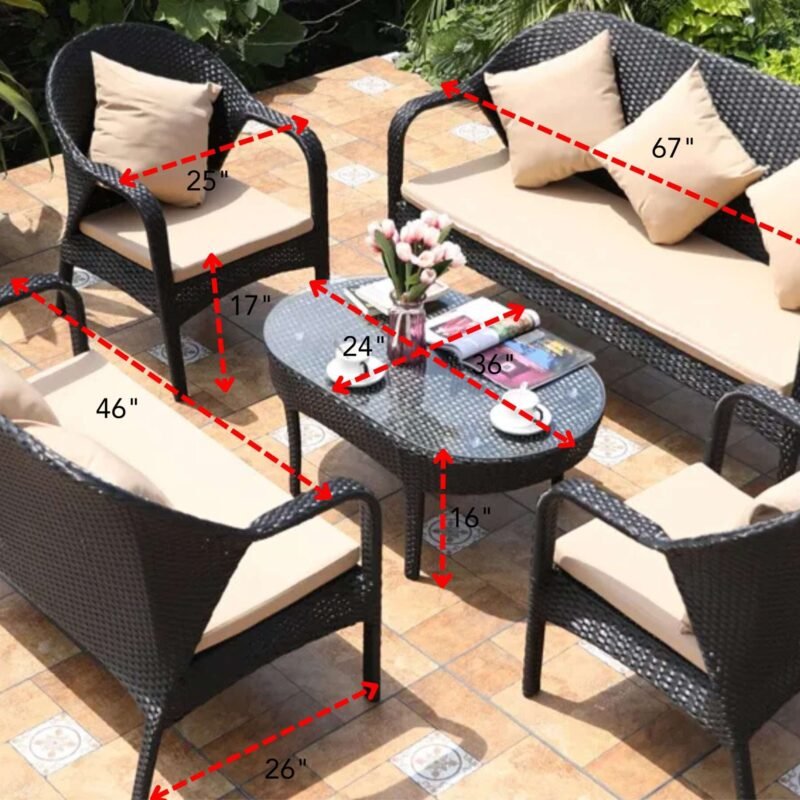 DEVOKO 5 PCS Outdoor Patio Rattan Wicker Furniture Sofa Set(Dark Brown & Cream) - Image 2