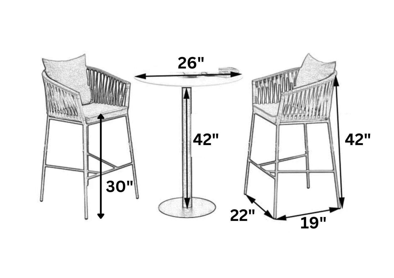 DEVOKO 3 Piece Patio Rope Bar Furniture Set For Outdoor Indoor (Grey) - Image 2