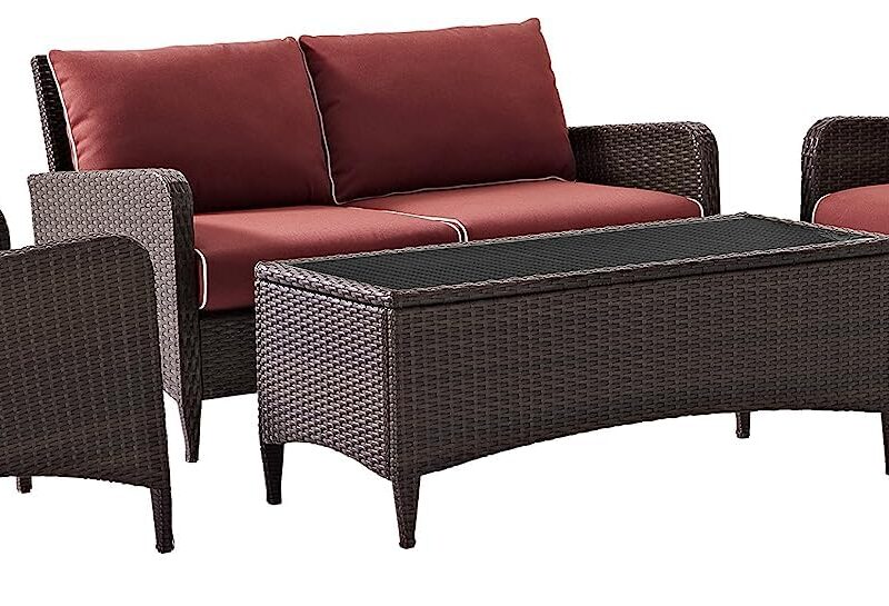 DEVOKO 4 Pieces Outdoor Conversation Rattan Sectional Sofa Set (Dark Brown and Red) - Image 4