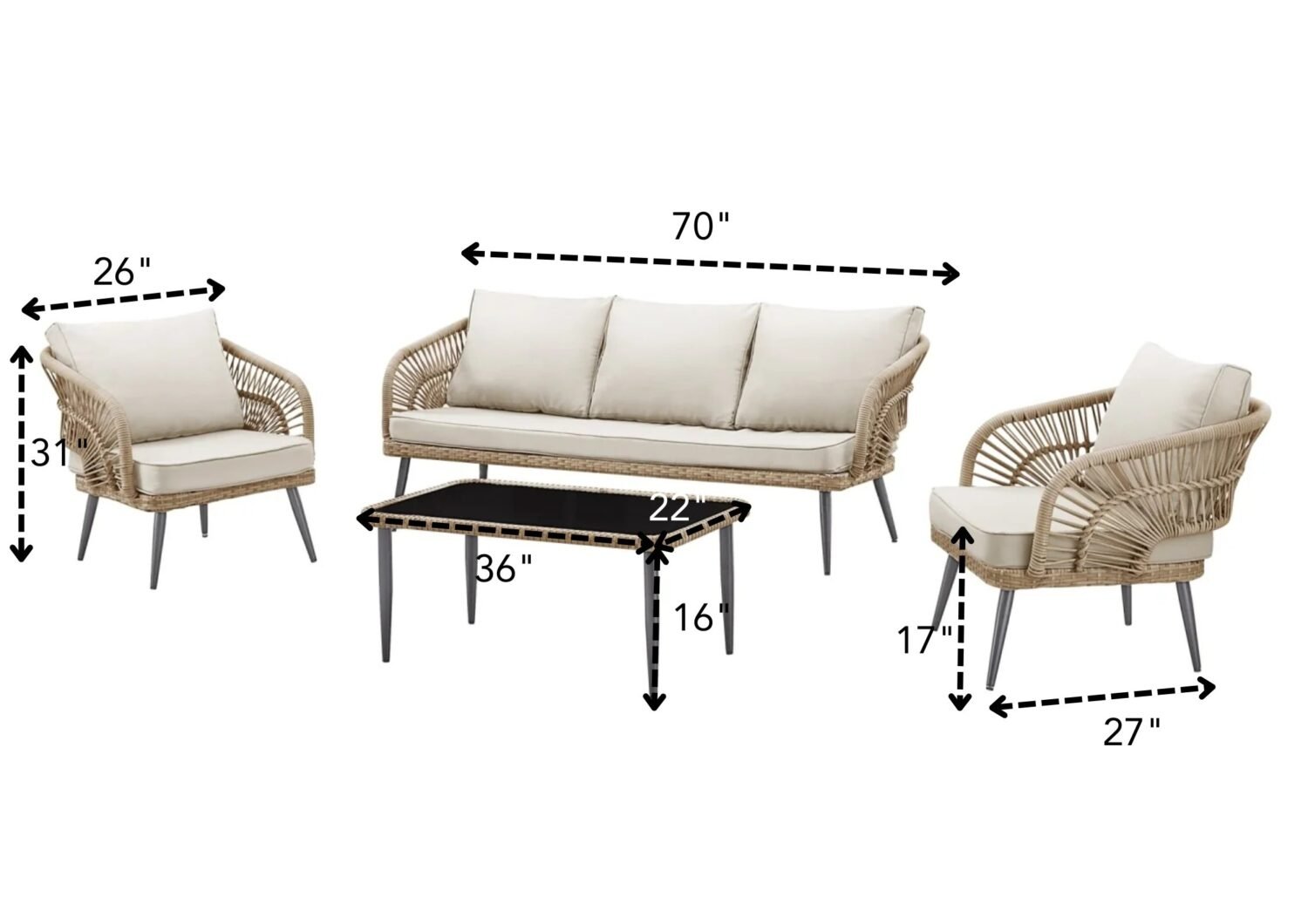 DEVOKO Rope Conversation Loveseat Set (Beige/Cream) - Image 3