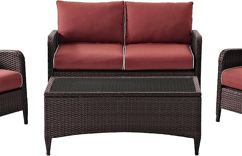 DEVOKO 4 Pieces Outdoor Conversation Rattan Sectional Sofa Set (Dark Brown and Red) - Image 2