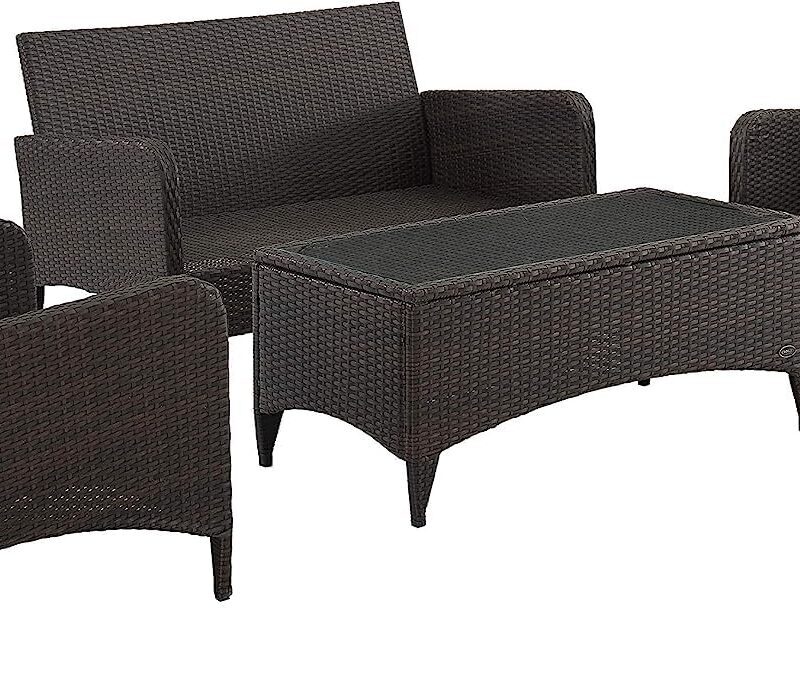 DEVOKO 4 Pieces Outdoor Conversation Rattan Sectional Sofa Set (Dark Brown and Cream) - Image 4