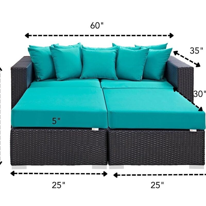 3pcs Outdoor Rattan & Wicker Sofa Daybed (Dark Brown/Turquoise Blue) - Image 2