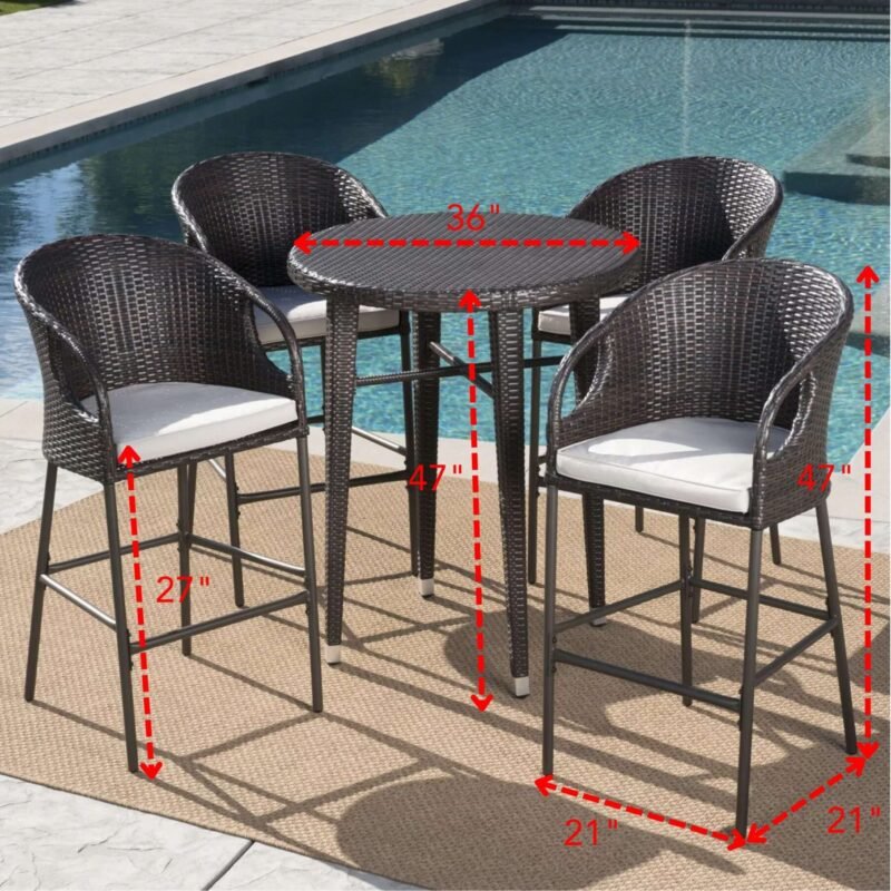 DEVOKO 5-Piece Rattan Wicker Patio Bar Set(Dark Brown & Off-white) - Image 2