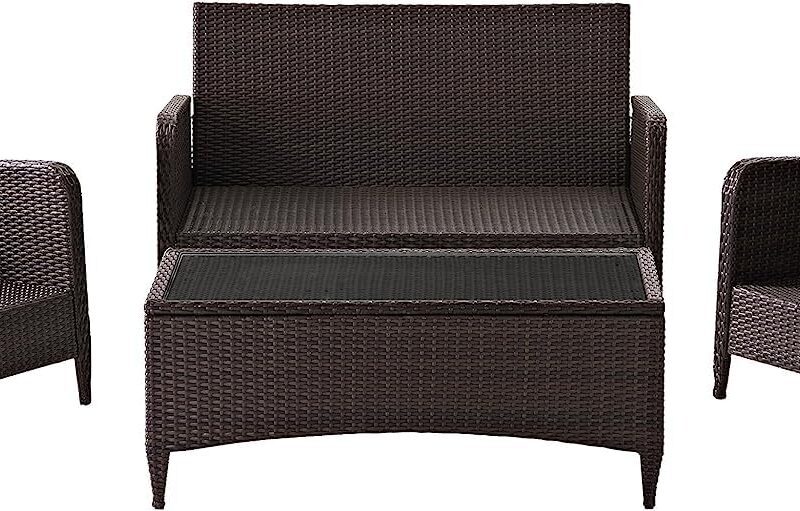 DEVOKO 4 Pieces Outdoor Conversation Rattan Sectional Sofa Set (Dark Brown and Red) - Image 5
