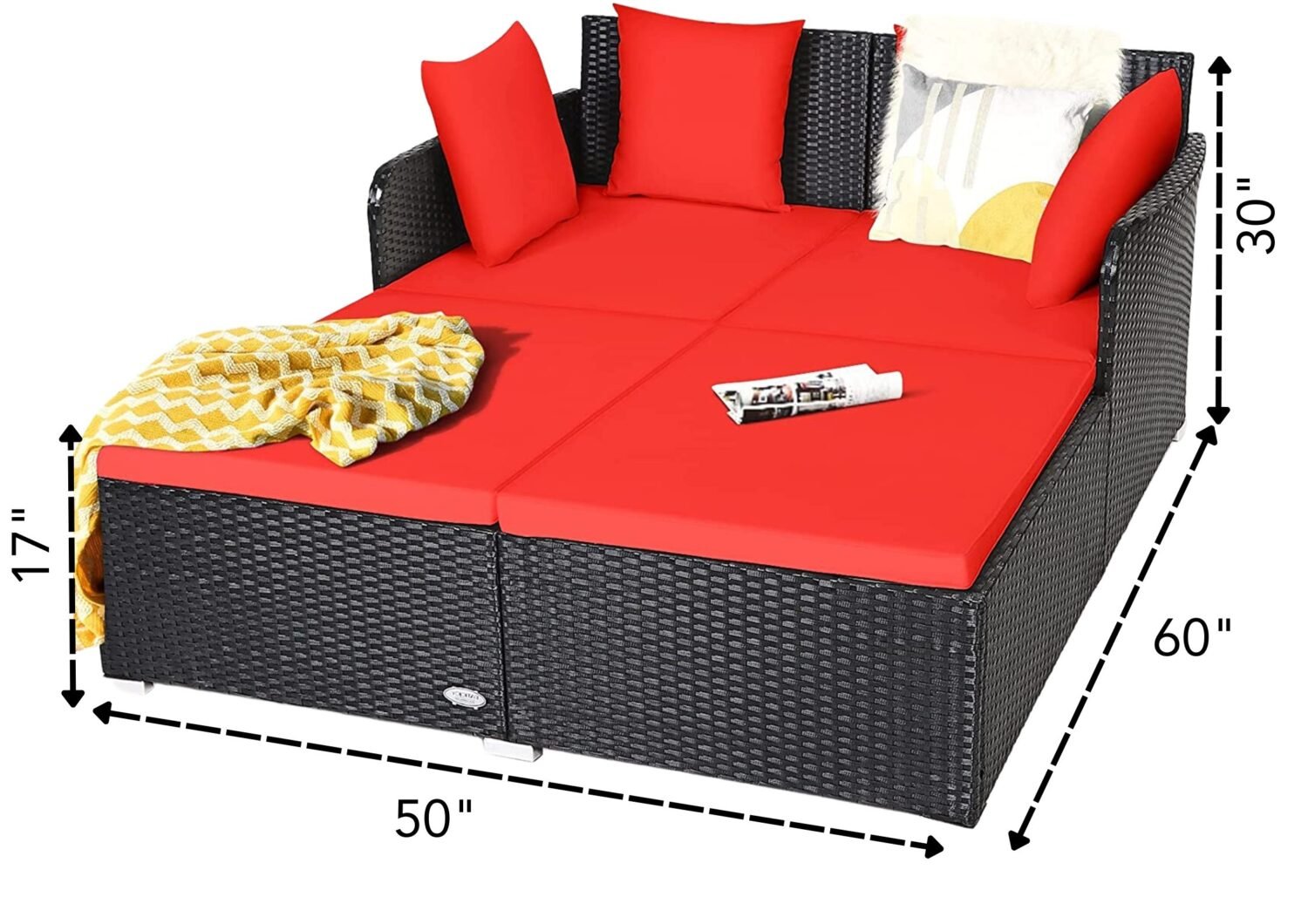 DEVOKO Rattan Daybed Patio Loveseat Sofa Set (Black & Red) - Image 2