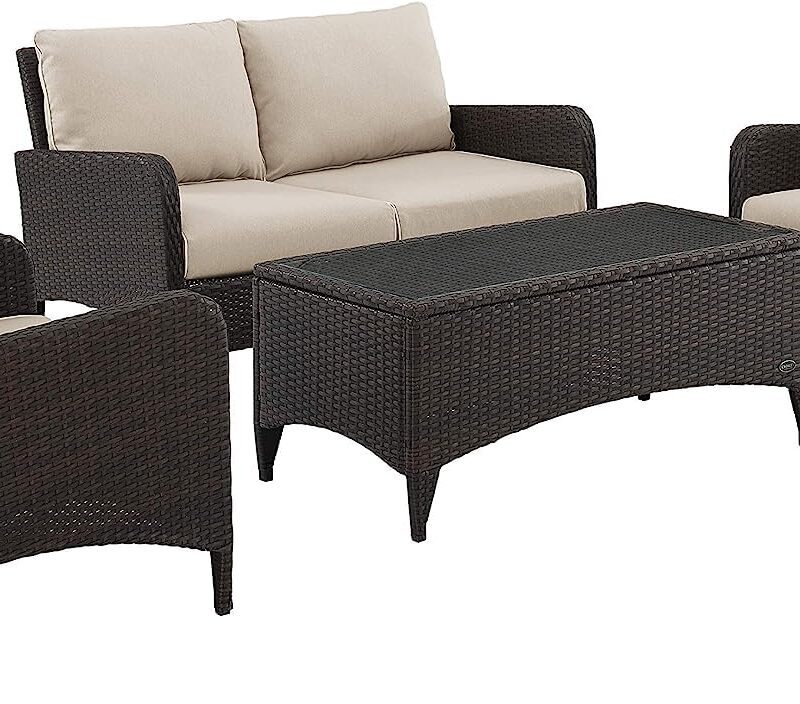 DEVOKO 4 Pieces Outdoor Conversation Rattan Sectional Sofa Set (Dark Brown and Cream) - Image 5