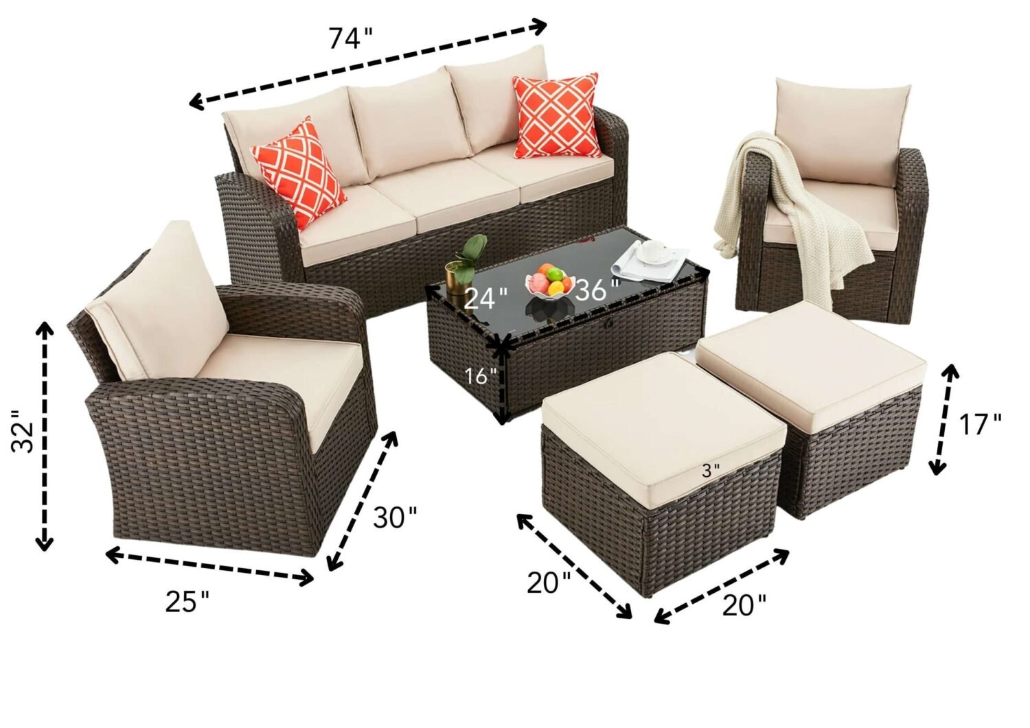 DEVOKO 6 Pieces Outdoor Wicker Dining Patio Furniture Sets with Ottoman(Dark Brown & Cream) - Image 2