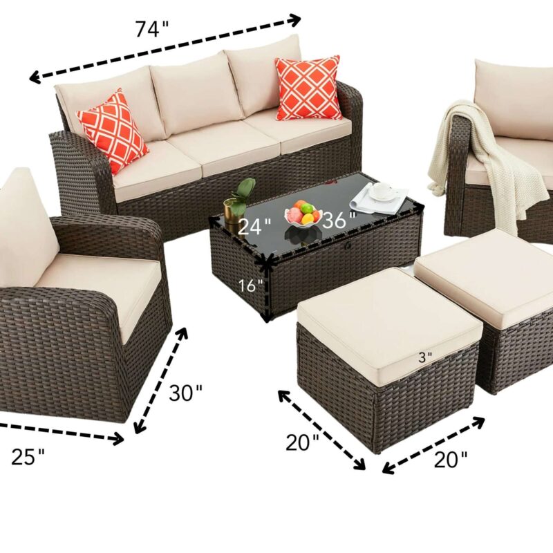 DEVOKO 6 Pieces Outdoor Wicker Dining Patio Furniture Sets with Ottoman(Dark Brown & Cream) - Image 2