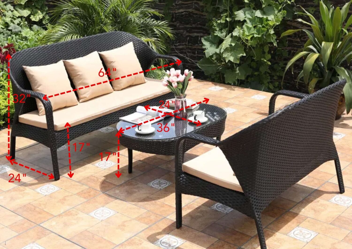 DEVOKO 3 PCS Outdoor Patio Rattan Wicker Furniture Sofa Set(Dark Brown & Cream) - Image 2