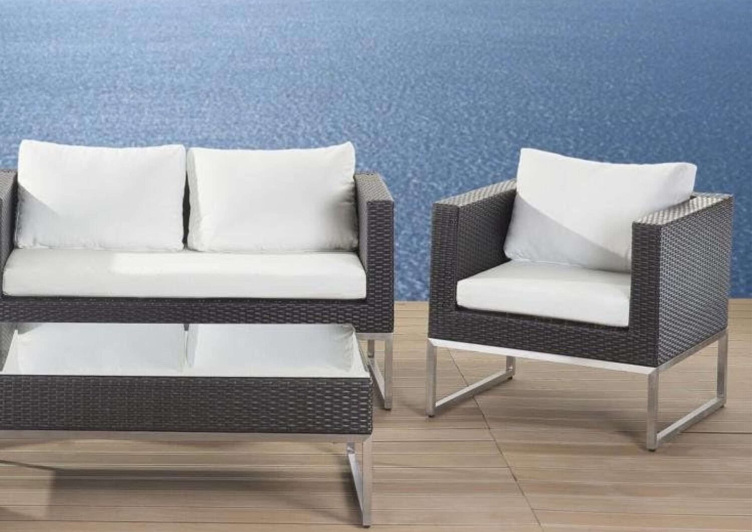 DEVOKO 5 PCS Outdoor Patio Sofa Set All-Weather Wicker & Coffee Table (Dark Brown & White) - Image 4